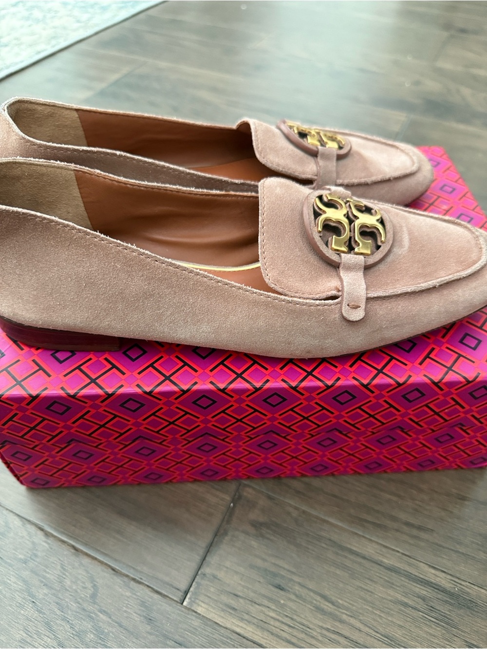Tory Burch Blush Suede Loafers with Gold Logo Medallion